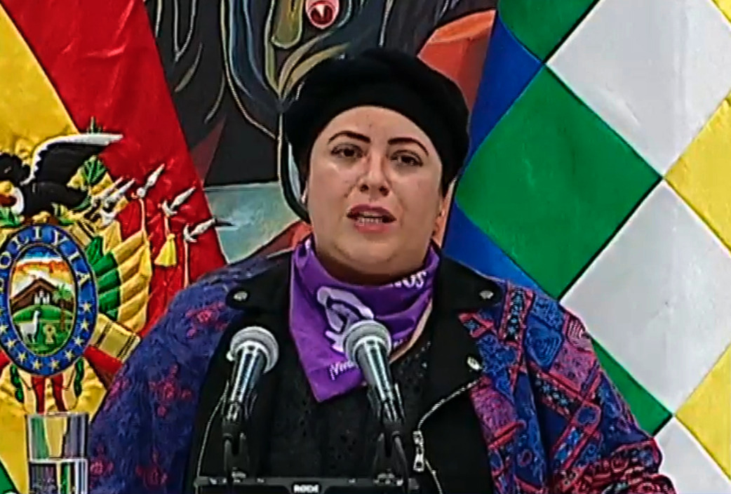 La ministra María Nela Prada en conferencia de prensa. Foto: BTV. POR EDWIN CONDORI